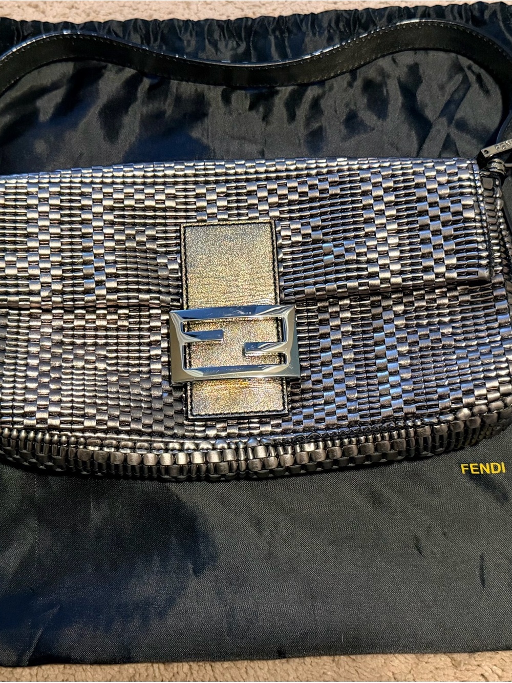 Fendi Silver Metallic Woven Belt Bag